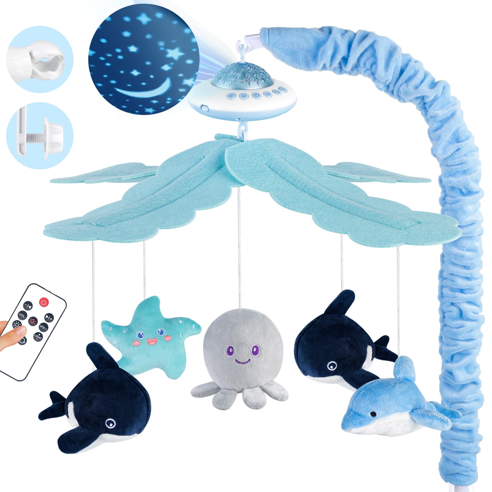 Playix crib mobile with remote control and starlight projection
