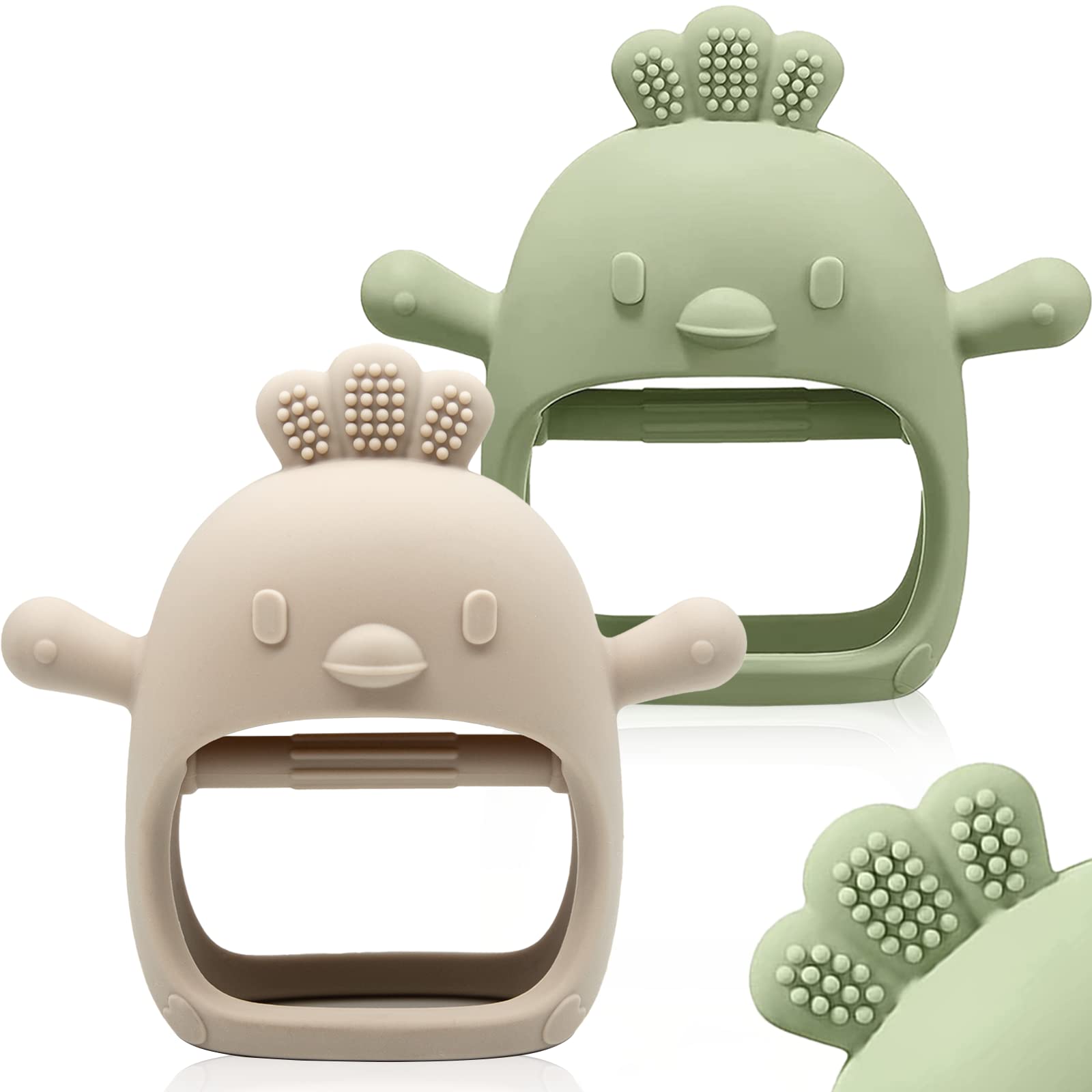 Baby wearing silicone teething mitten with textured surface for gum relief